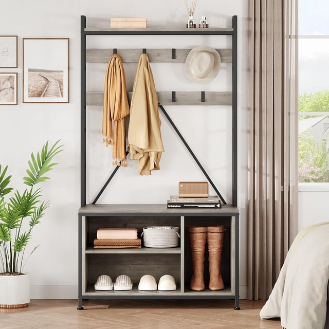 70" Hall Tree Freestanding Entryway Organizer: 5-in-1 Hall Tree with Storage Bench, 8 Hooks, 2 Drawers & Shoe Rack for Small Spaces