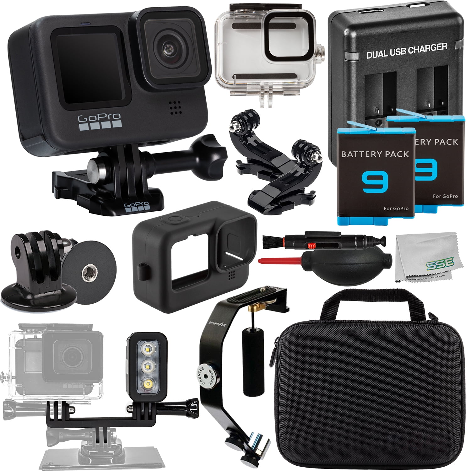 GoPro HERO9 (Hero 9) Black Action Camera with Advanced Accessory Bundle -  Includes: 2x Seller Supplied Replacement Batteries, Dual Battery Charger, 