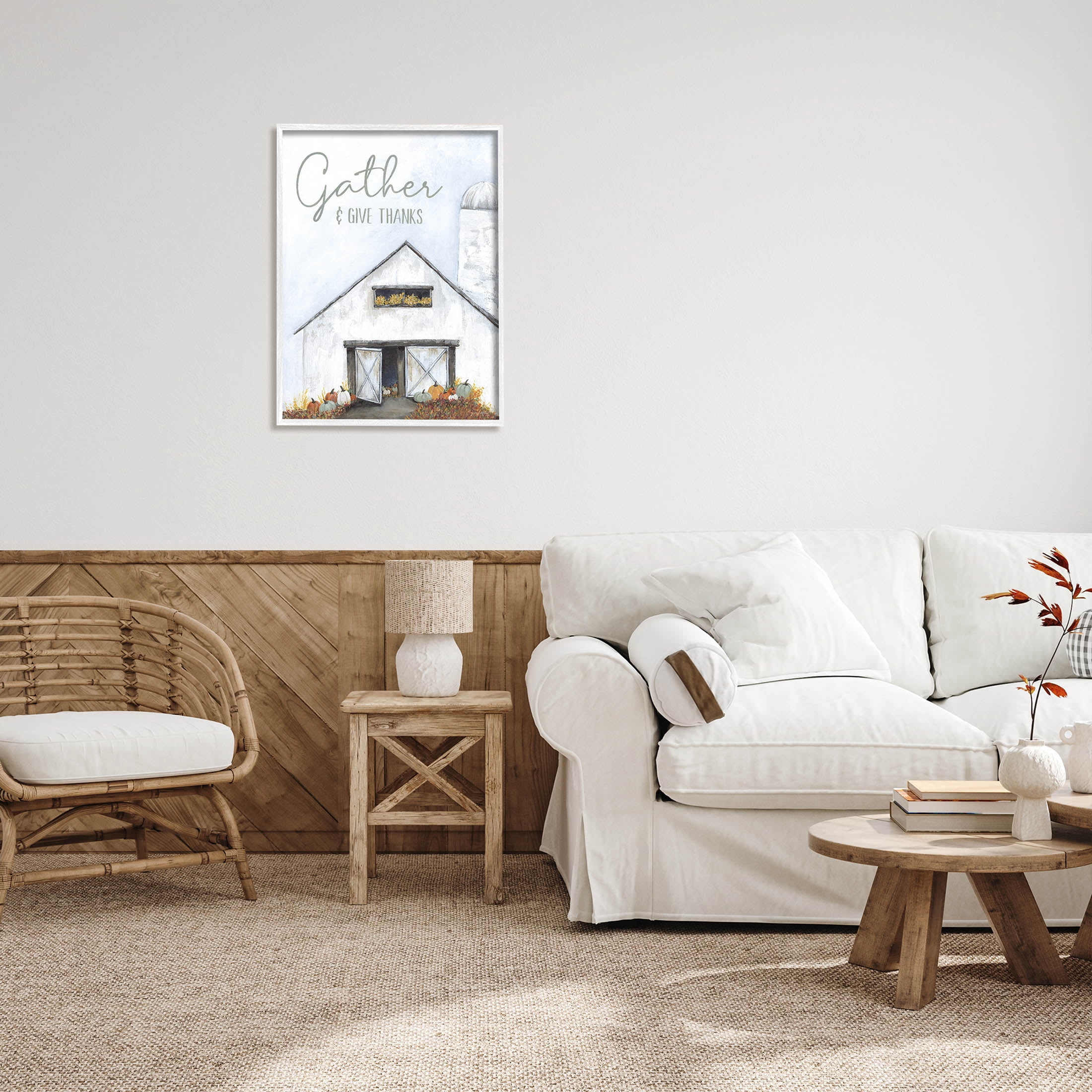 Gather & Give Thanks Autumn Barn Holiday Graphic Art White Framed Art Print Wall Art