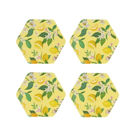 

Fuzoiu Lemon Print Leather Coasters Set Drink Coasters Set of 4 for Tabletop Protection Durable PVC Coasters Home Décor and Housewarming Gift-Hexagon