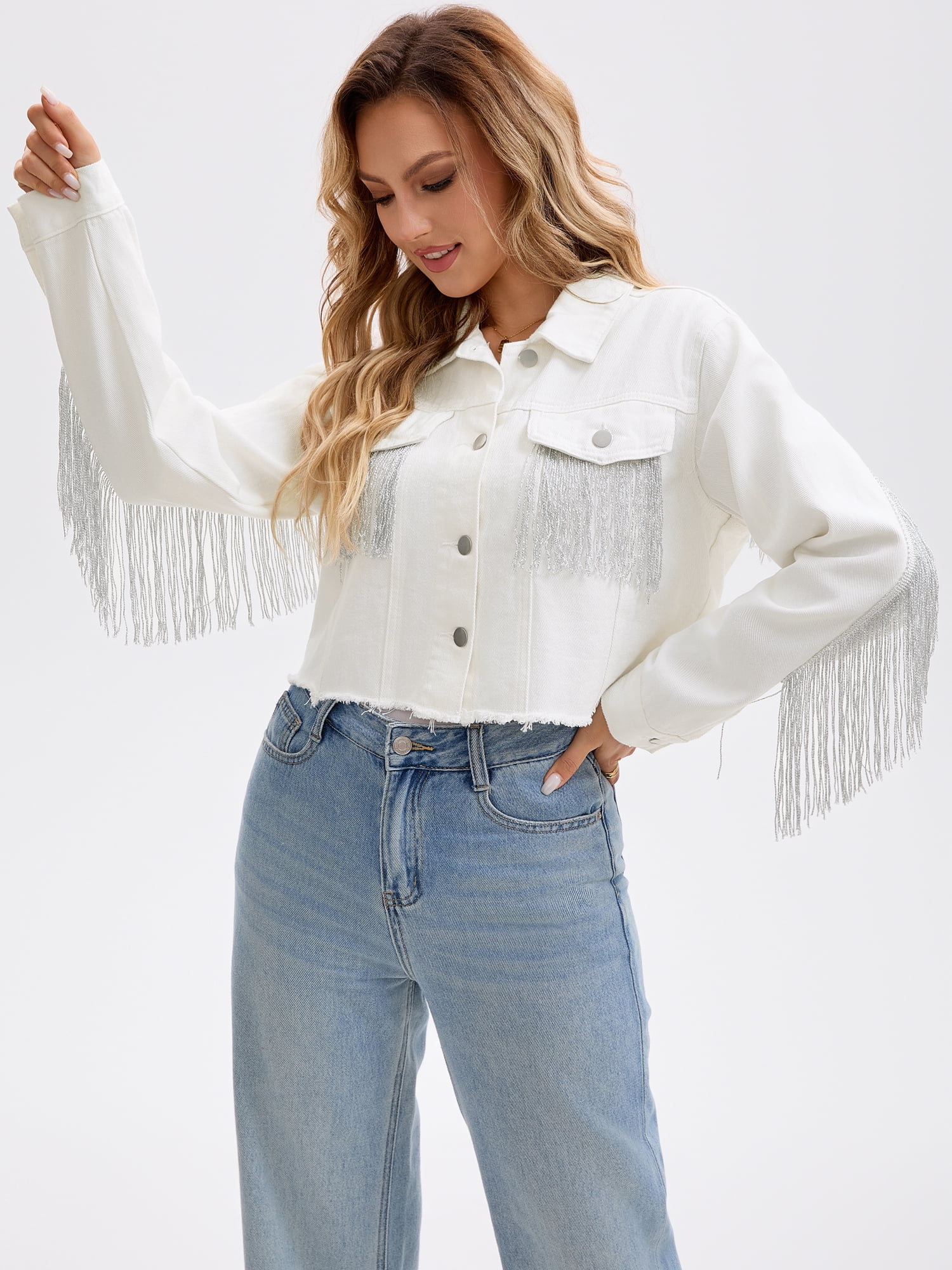 DARING DIVA Women's Cropped Jean Long Sleeve Frayed Tassel Fringe Denim Jacket L White