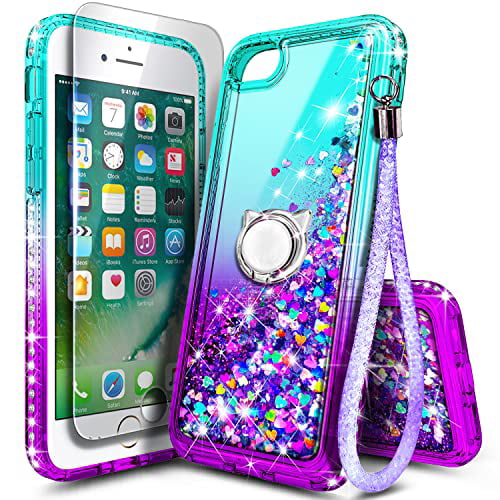 NGB Compatible for 6 6S 7 8 Case, iPhone SE 3 2022/iPhone SE 2 2020 Case with Tempered Glass Screen Protector, Ring Holder, Girls Women Kids Liquid Glitter Quicksand TPU Cute Case (Aq - Walmart.com