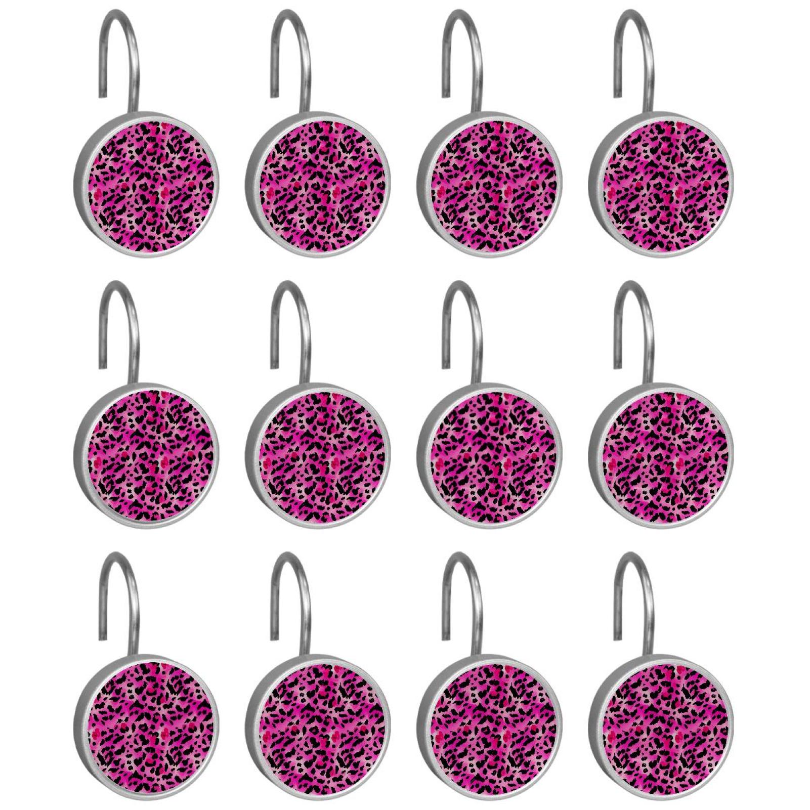 HemaKayy 12 Pcs Shower Curtain Hooks Bathroom Decorative Accessories Pink Kiss Leopard Pattern