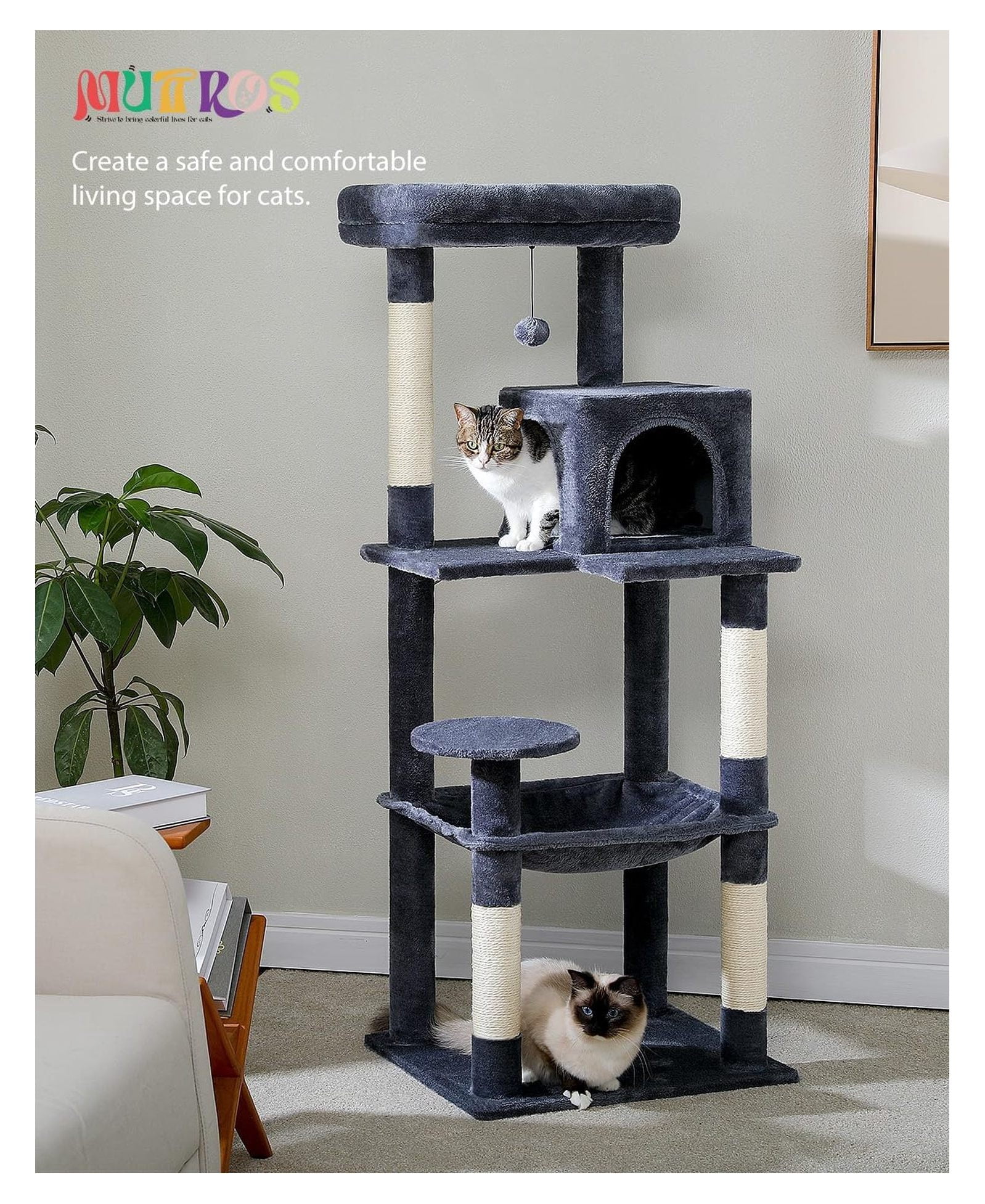 Cat Tree for Large Cats, 56.3" Tall Cat Tower with Hammock