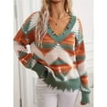 thumbnail image 4 of Woman Western Aztecs Knit Sweater Long Sleeve Vintage Geometric Pullover V Neck Distressed Cropped Sweater Green M, 4 of 10