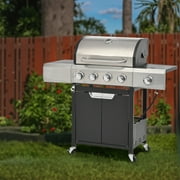 4 Burner BBQ Propane Gas Grill with Side Burner, Outdoor Stainless Steel 46790 BTU Patio Garden BBQ Grill with Lid, Wheels for Camping, Outdoor Cooking