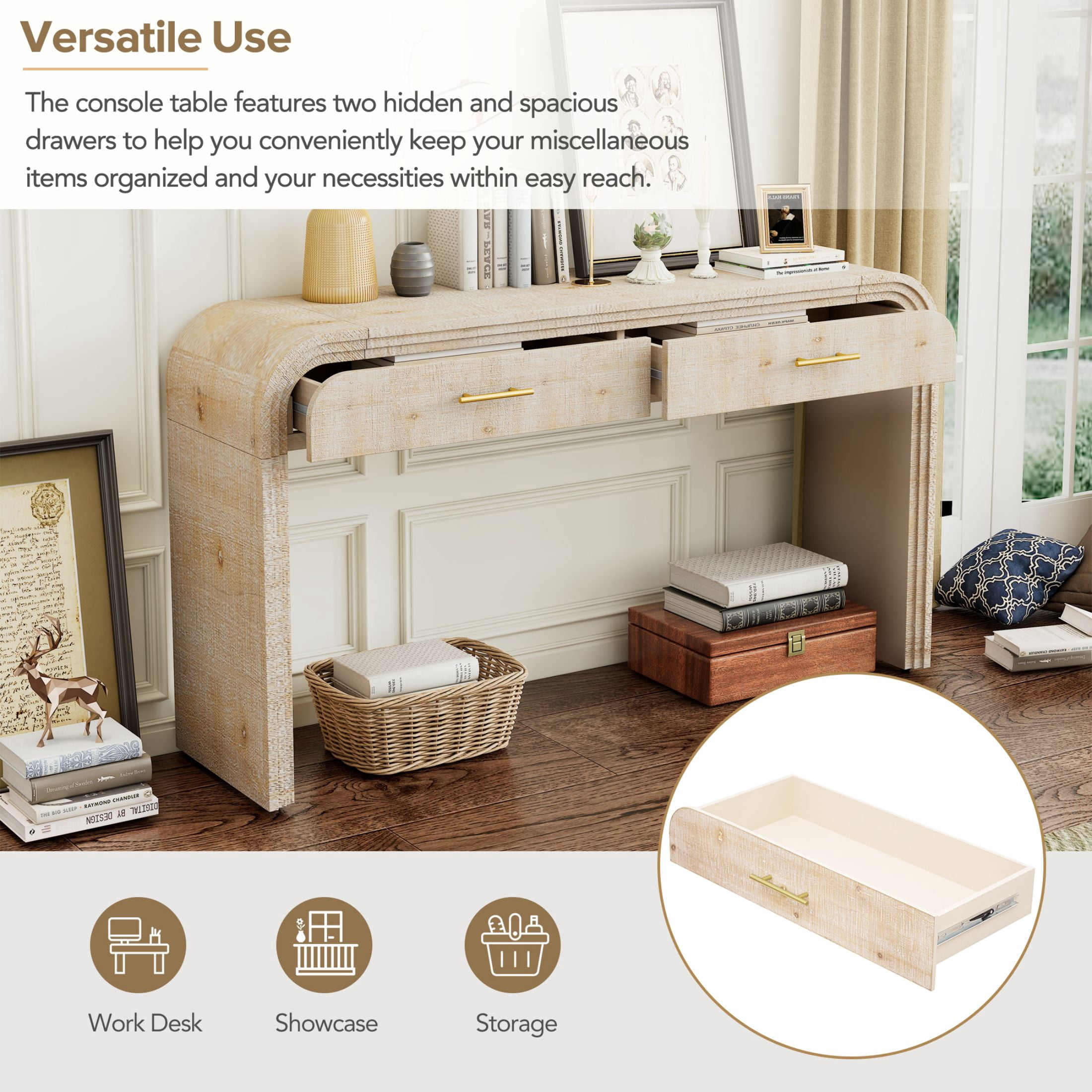 Aukfa 59" Console Table with 2 Drawers, Retro Entryway Table with Storage, Narrow Long Sofa Table for Living Room, Hallway, Foyer - Antique White