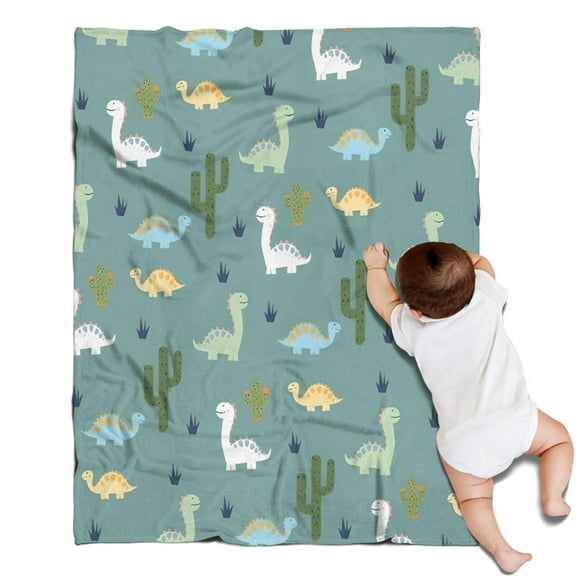 LightBlue Cartoon Dinosaurs Cacti Pattern Blanket,Comfortable Soft Flannel Throw Blanket,All Season,Warm Lightweight Blankets for Sofa Bed Couch Living Room Chair,30"x40"