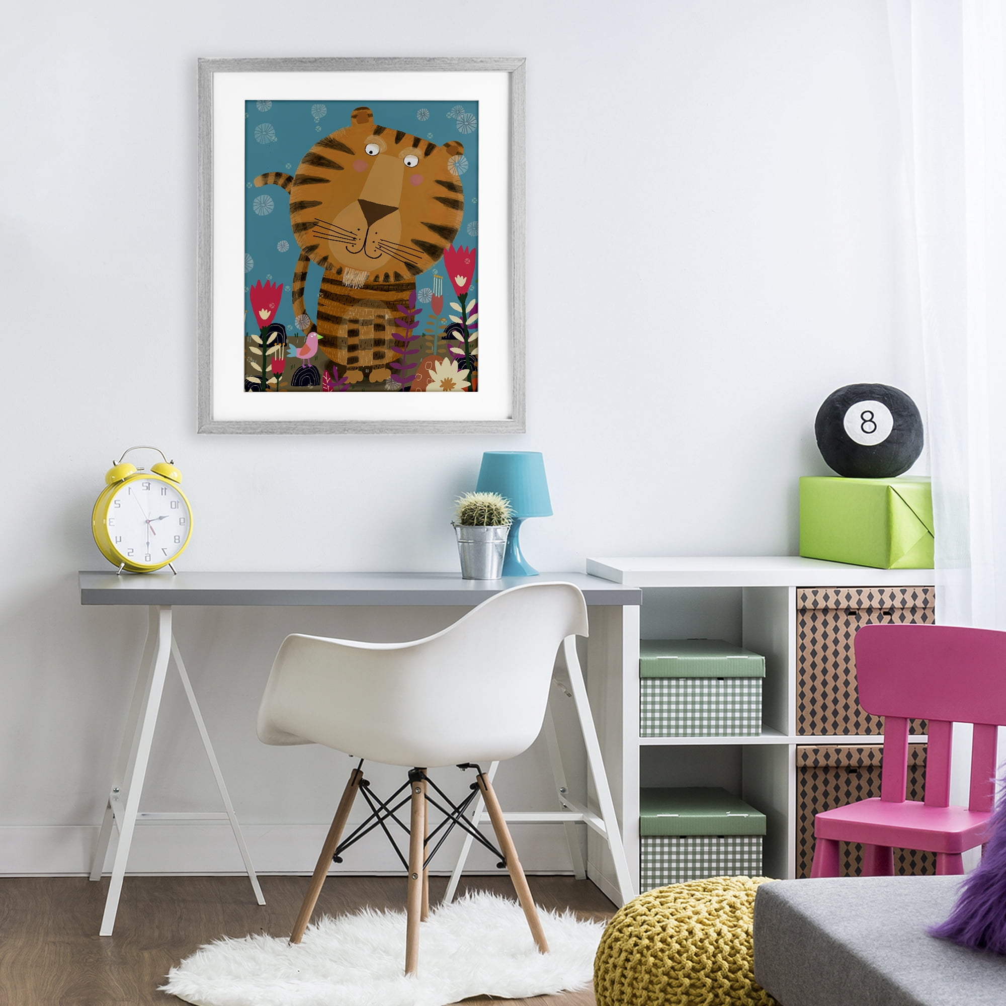 Stupell Industries Boho Tiger & Flowers Gray Framed Print Under Glass, design by Carla Daly