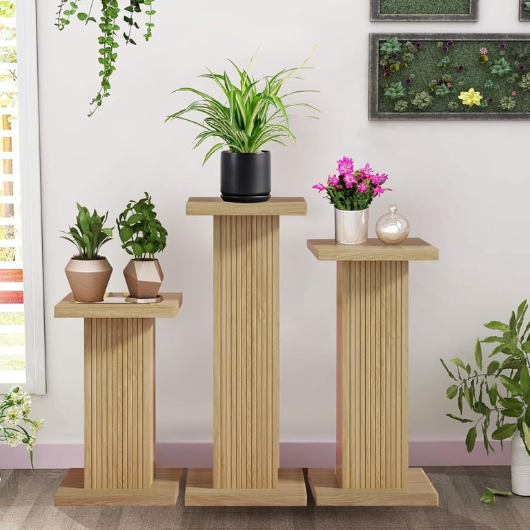 3 Piece Wooden Plant Stand, Square Pedestal Display Plant Stand with Fluted  Panel, Flower Potted Plant Stand, Wood