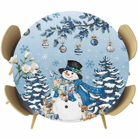 Round Table Cover 55-60 Inch Blue Ombre Christmas Waterproof Reusable Table Cloth Round Fitted Vinyl Tablecloth with Elastic Edged for Parties Outdoors, Snowman Xmas Tree Balls Snowflake