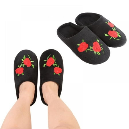 

Women s Fluffy Faux Fur Plush Cotton Slippers Washable Flat Closed Toe UltraIndoor Shoes with Non-Slip Sole Two Rose Patterns Home Slippers