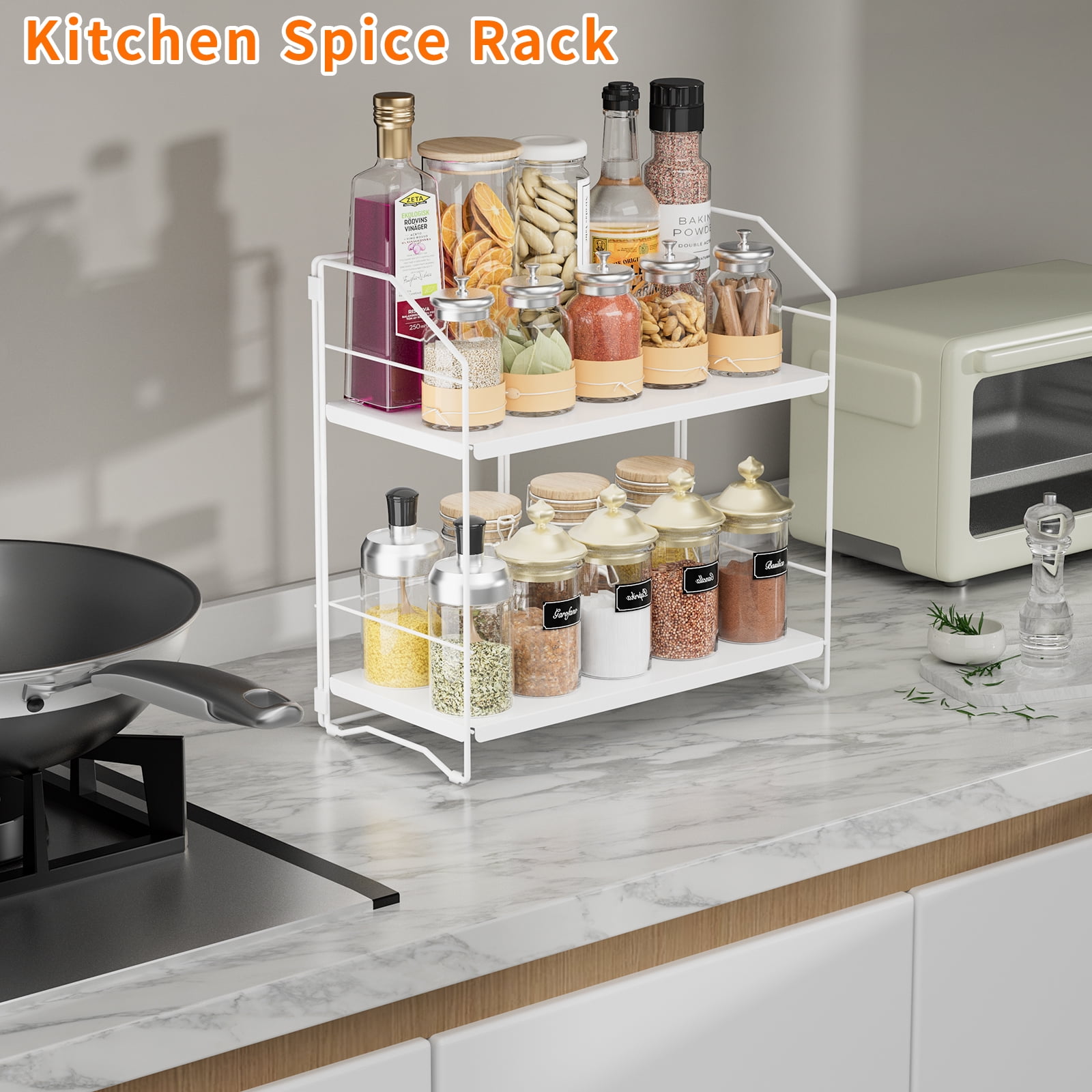 BOIVSHI Bathroom Counter Organizer, 2-Tier Standing Countertop Shelf, Height Adjustable Spice Rack Organizer, Cosmetic Storage Organizer for Bathroom, Desktop, Metal White