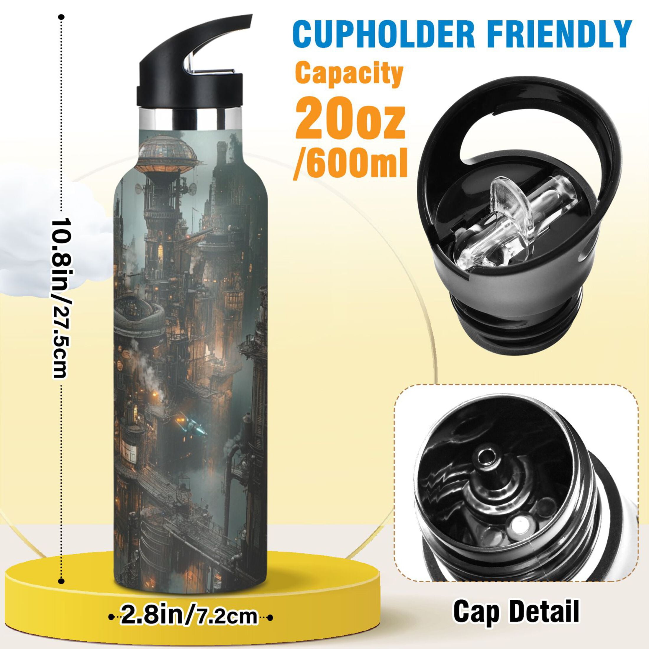 600ML Stainless Steel Insulated Cup Sports Water Bottle Portable Thermos Cup Water Glasses Insulated Tumblers Convenient and Durable Steampunk City