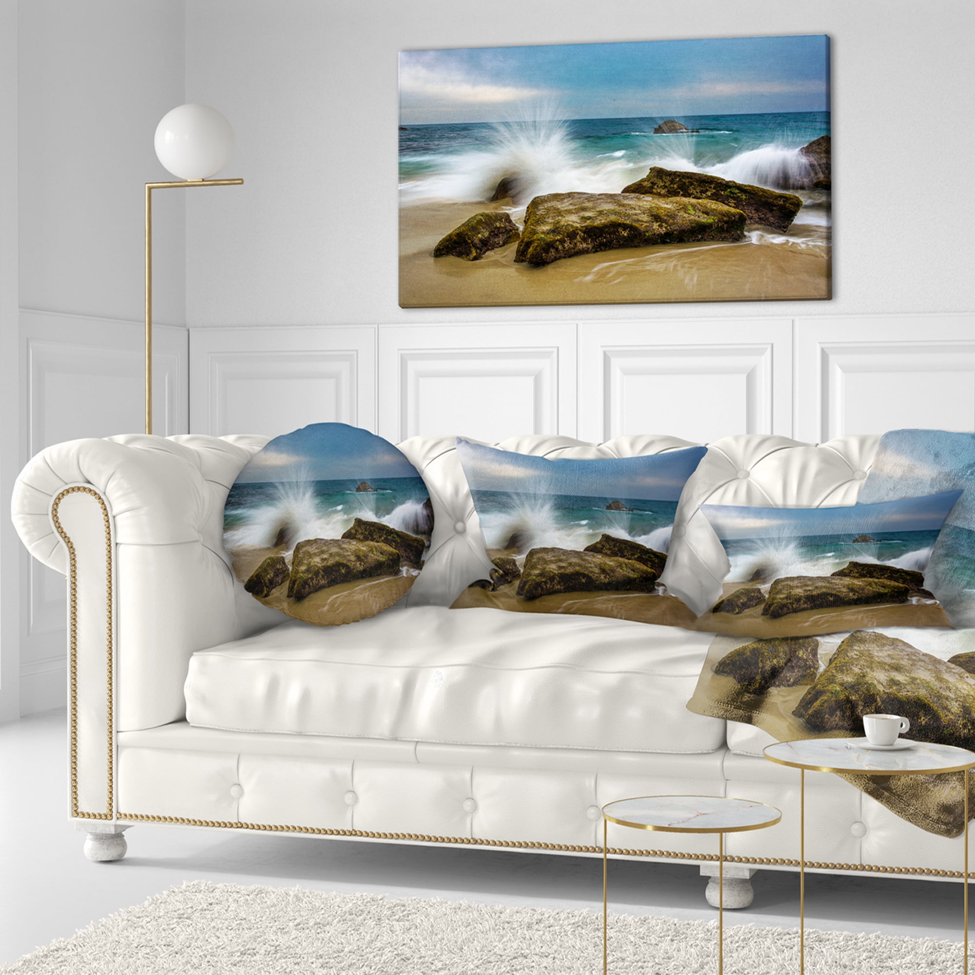 Designart Waves Crashing Rocks at Woods Cove - Seascape Throw Pillow - 12x20