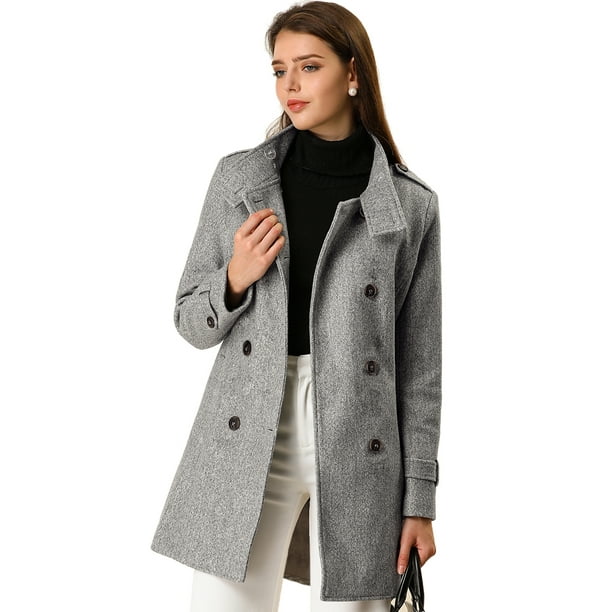 Abrigo de invierno con cinturón y bolsillos con doble botonadura y cuello alto para mujer gris S