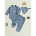 thumbnail image 4 of Gupgi Baby Boy Waffle Outfits Fall Letter Print Long Sleeve Round Neck Romper Long Pants Hat, 4 of 9