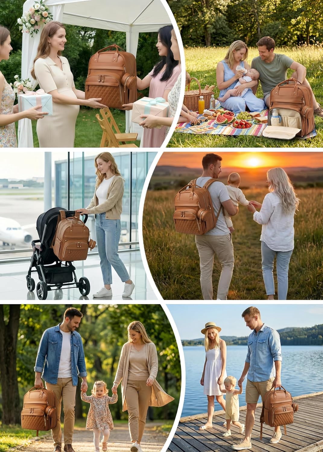 Diaper Bag Backpack with Changing Station, Newborn Essentials Must Haves, Water-Resistant Vegan Leather Diaper Backpack, Large Capacity Baby Travel Bag with Stroller Straps, Unisex Brown