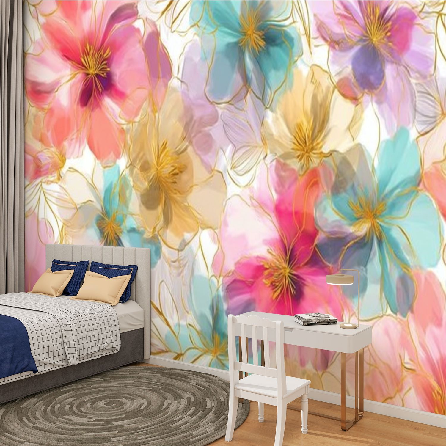 Peel and Stick Wallpaper Sweet flower watercolor soft pastel colors water color Modern Art Wall Mural Decor Self Adhesive and Removable 100in x 144in