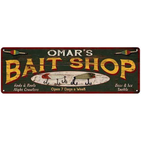 OMAR'S Bait Shop Sign Wood Look Man Cave Den Gift 6x18 Metal 206180024343