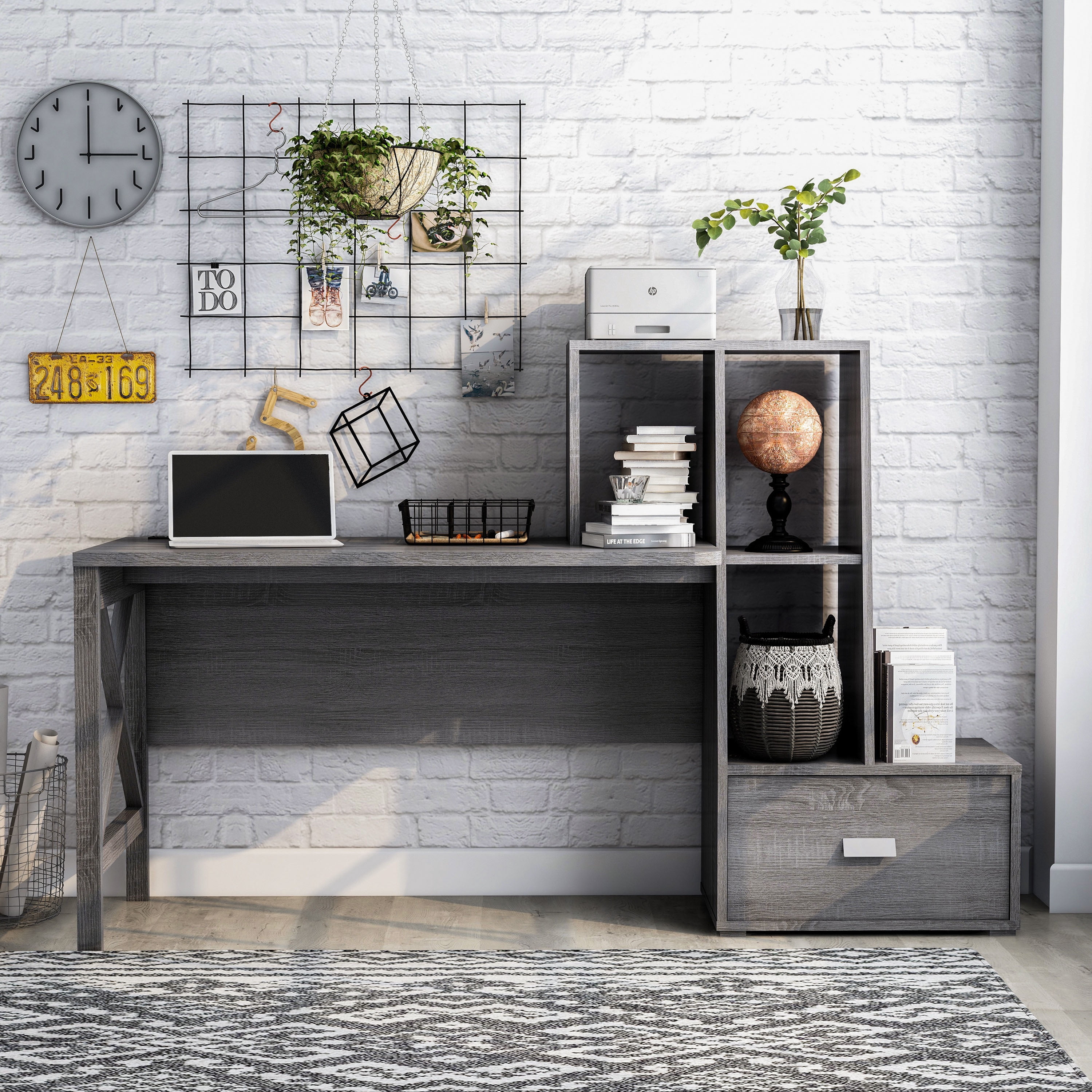 Furniture of America Sinclar 70-inch Desk with USB Port, Distressed Gray