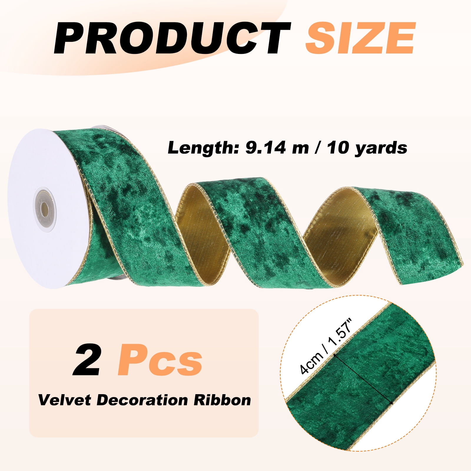 Uxcell Velvet Wired Ribbon, (1.6 Inch x 10 Yards, 2 Pcs)(Green) Velvety Gold Crushed Ribbons Gift Wrapping Binding, Suit For- Crafts/Bow/Wreaths/Christmas Tree Decoration