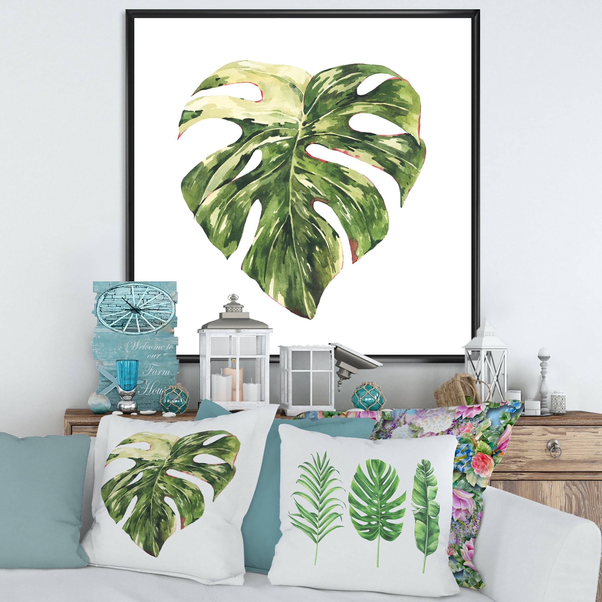 Designart 'Tropical Green Leaves On White In Summer Times III' Tropical Framed Canvas Wall Art Print