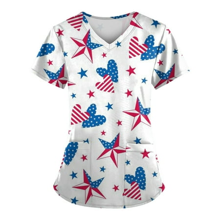

Sksloeg Scrub Tops Of 2023 Red White Blue Star Stripe Printed Patriotic Top Short Sleeve V-Neck Shirts Tee Tops with Pockets Nursing Working Uniform White L