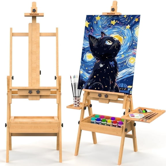 Yacona Foldable Easel for Painting, Large Beech Wood Easel Stand with Storage Drawer and Palette, Art Easel for Adults and Kids, Holder up to 48''