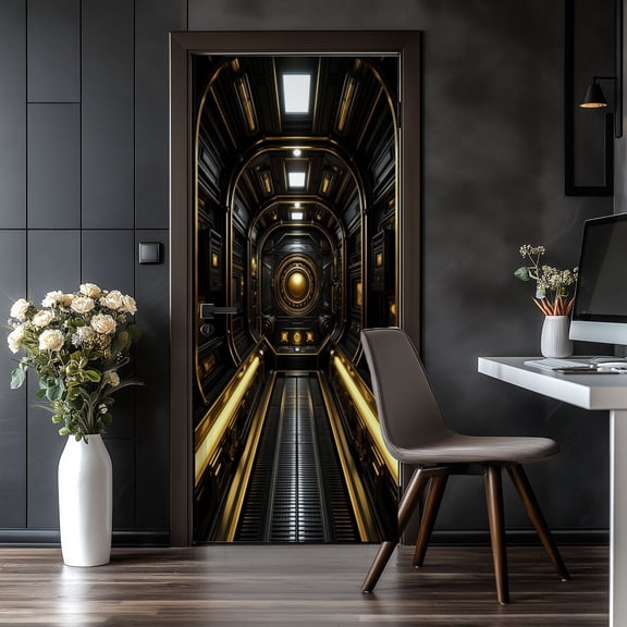 Door Stickers Peel and Stick Door Mural Futuristic Sci Fi Corridor Black Gold Metallic Removable Wallpaper 30.3''x78.7'' Self-Adhesive Mural for Kitchen Living Room Bedroom Decor