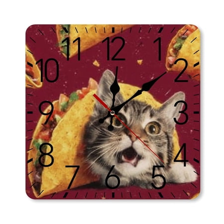RKSupls 10×10inch Square Silent Wall Clock Wooden Frame, Cat Taco Funny Food Scale Decorative Clock for Home Bedroom Living Room Office