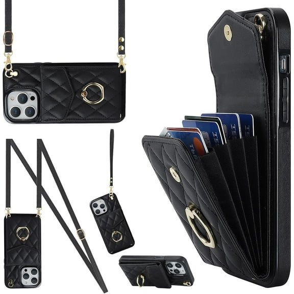 MYKOMI Crossbody Wallet Phone Case Compatible with Apple iPhone 13 Mini Leather Case with Card Holder & 360° Ring Kickstand & Wrist Strap Purse Cover Magnetic Closure Flip Handbag Women Shell