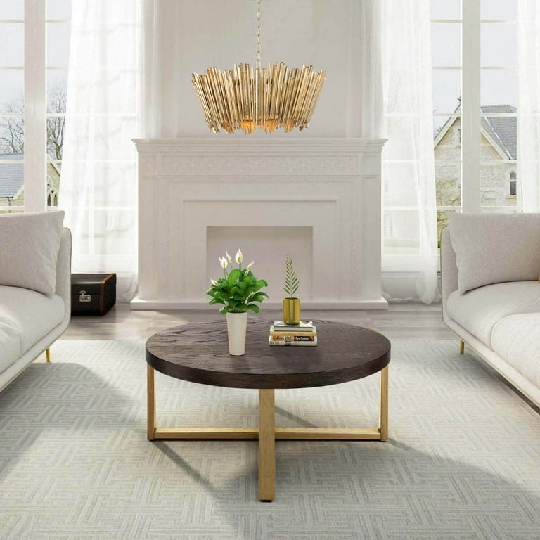 Genzi Vintage Round Oak Solid Wood Coffee Table with Accent Genzi Vintage Round Oak Solid Wood Coffee Table with Accent