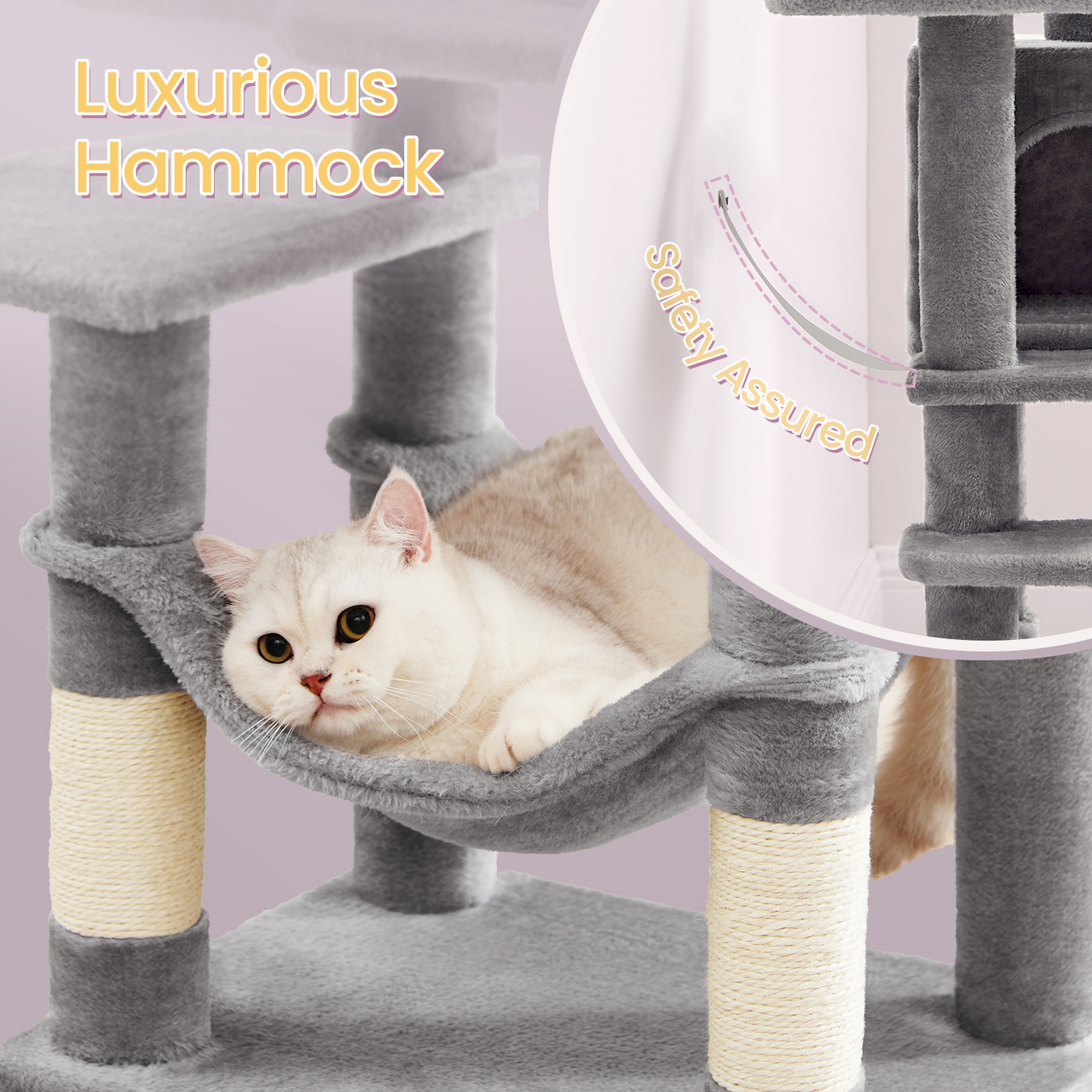 LEDREM 44.1-Inch Multi-Level Cat Tree with Hammock, 2 Perches & Cave, 4 Scratching Posts & Pompoms for Indoor Cats, Light Gray