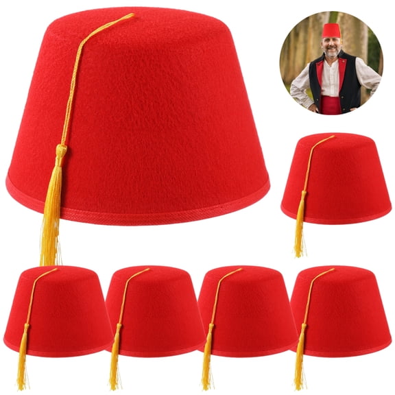 6 Pcs Red Fez Hats, Non-woven Hats with Yellow Tassel for Men, Arabian Moroccan Bellhop Hats, Traditional Tarboosh Hats, Costume Accessories for Cultural Celebrations, Festivals