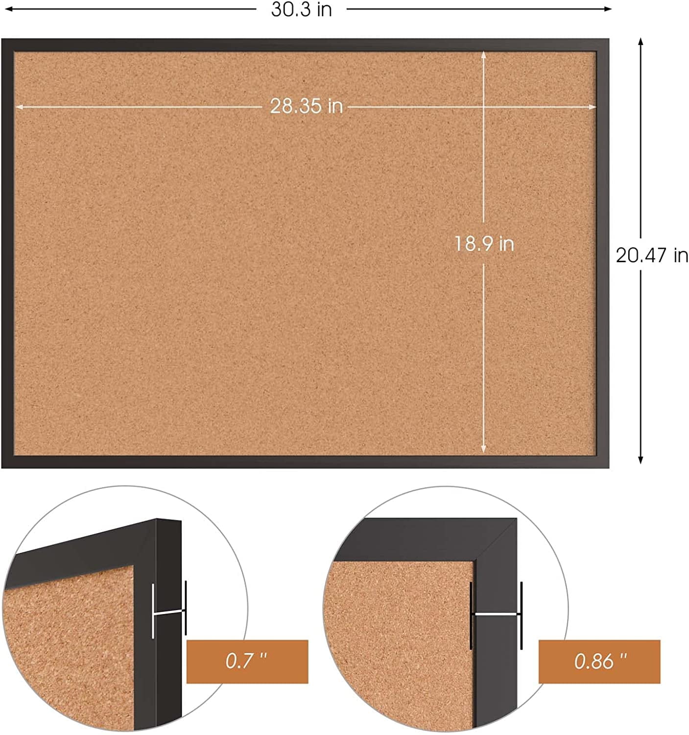 Cork Board Bulletin Board 20“ x 30”, Black Wood Framed Corkboard, Office Board for Wall Cork, Large Wall Mounted Notice Pin Board with 16 Push Pins for School, Home & Office