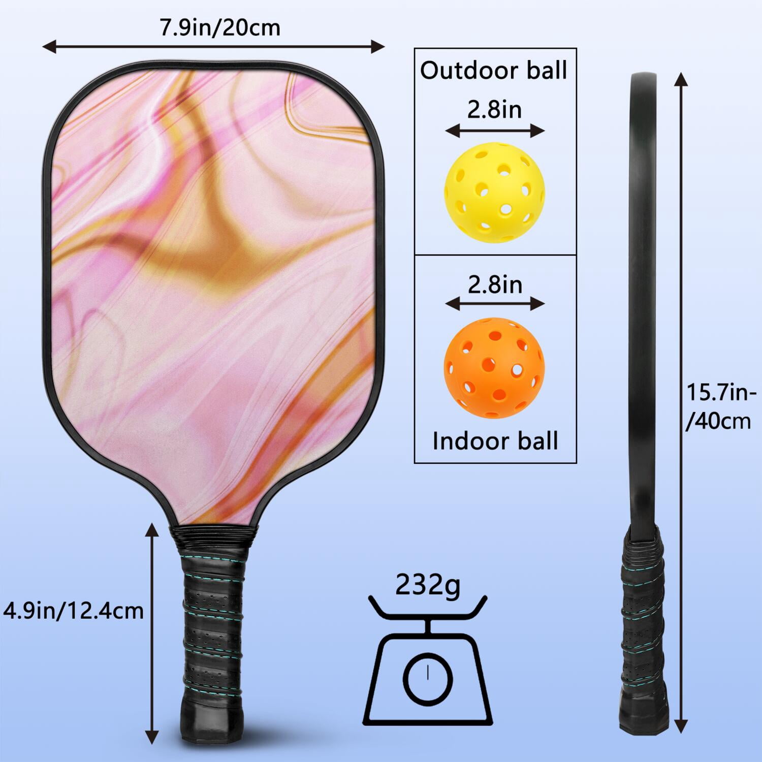 Pickleball Paddles Set Of 2, Fiberglass Surface, Liquid & Marble Print, 4 Balls & Bag