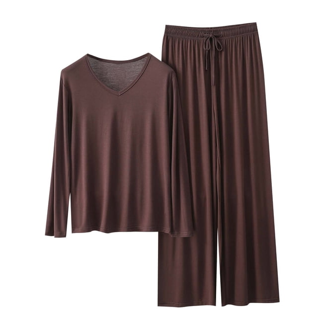 yoeyez Ensembles de Détente pour Femmes Pyjamas en Modal à Manches Longues 2 Pcs Chandails à Col Rond et Pantalons à Jambes Larges Ensembles de Détente Pjs Café,TG
