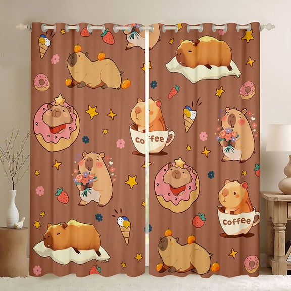 Homewish Brown Capybara Black Out Curtains For Kids Boys Girls,Kawaii Animal Curtains Pack of 2 (42x63 Each),Donuts Dessert Flowers Strawberry Bedroom Curtains,Lightweight Room Decor