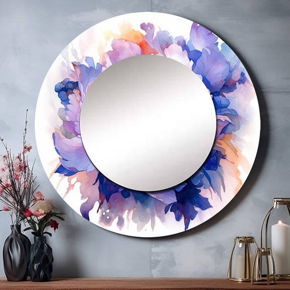 Designart "Oceanic Tints Coral Blue Peony" Floral Rund Mirror For Wall Decor - Large Coral Round Print Mirror - Round Traditional Mirror 23" x 23" Inch - Wall Mounted Round Large Mirror