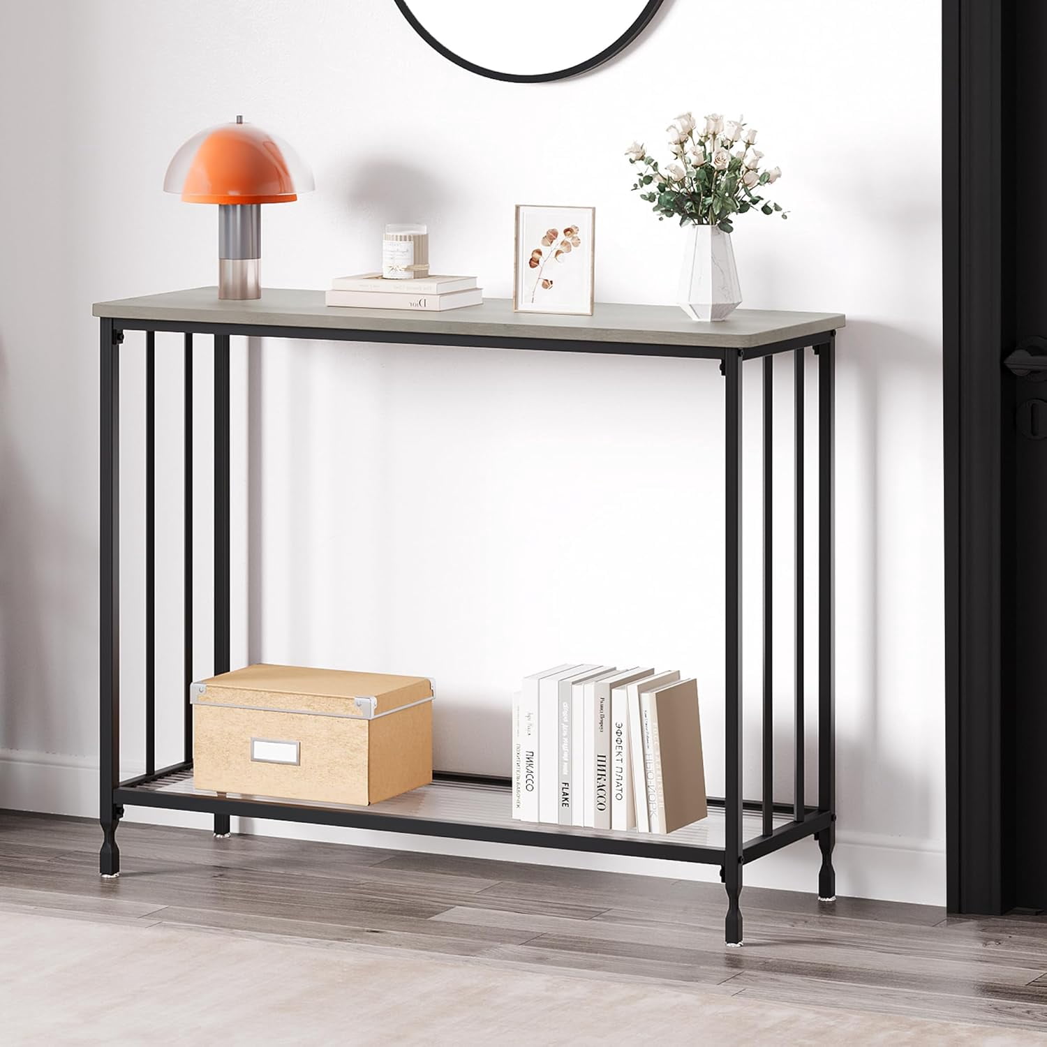 Console Table, Sofa Tables Narrow Entryway Table with Glass Shelf and Metal Frame, 33.5" Behind Couch Table Industrial Hallway Table for Living Room, Foyer, Bedroom, Rustic Grey