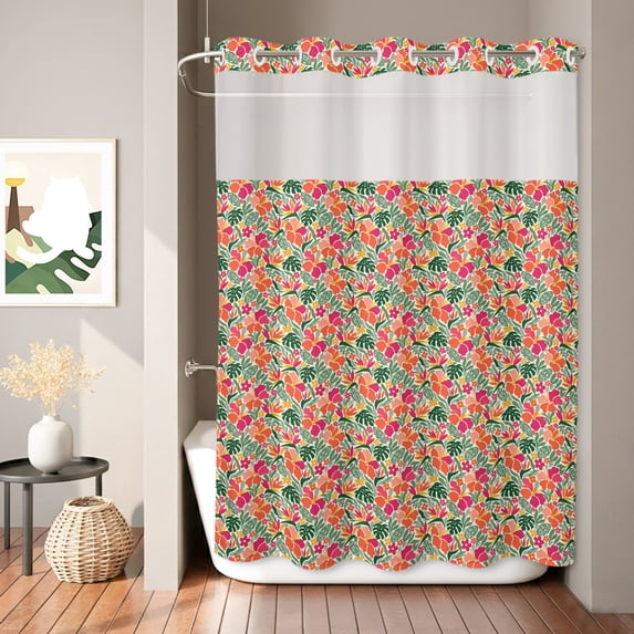No Hook Shower Curtain, Tropical Plants Shower Curtains for Bathroom with See Through Top Window, Summer Floral Monstera Leaf Boho Watercolor Waterproof & Washable Bath Curtain 60"x72"