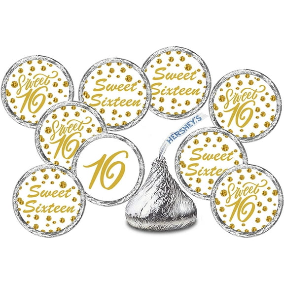 Gold 16th Birthday Kisses Stickers, (Set of 216), Sweet 16 Chocolate Drops Labels Stickers, Party Favors Decor For Kisses