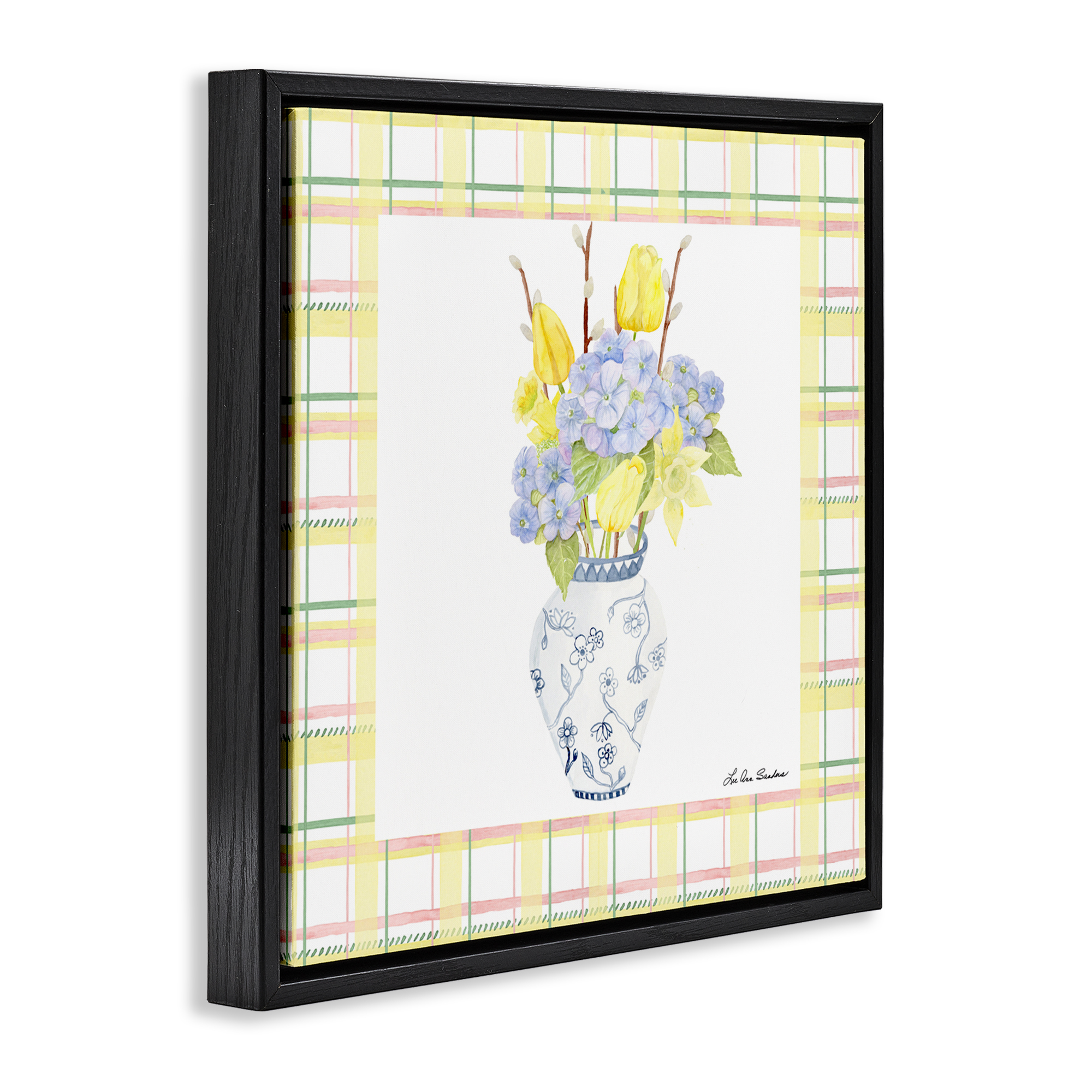 Spring Vase on Yellow Plaid Black Framed Floater Canvas Wall Art, design by Lee Ann Sanders