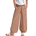 thumbnail image 3 of Women Cotton Palazzo Pants Summer Boho Wide Leg High Waist Casual Lounge Pant Vacation Outfits Camel Color M, 3 of 7