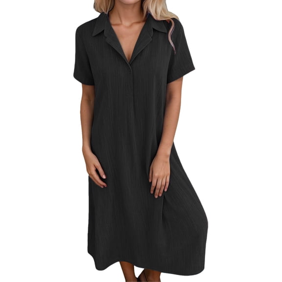 OSOLU Women Comfortable New Casual Solid Color Button Mid-Length Short Sleeve Loose Shirt Casual Dress Soft Sundress Vacation 2025 Elegant Classy Dresses
