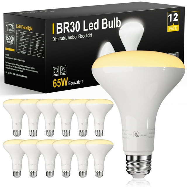 DAYBETTER Pqte. 12 Bombillas Led BR30 Eq. a 65 W, bombillas luz inundación int. regulables, casq. E26, luz blanca suave 2700 K, 9 W, 800 lm, Bomb. Empotr. para Techo, Lámp. Empotr. para Sala y Cocina