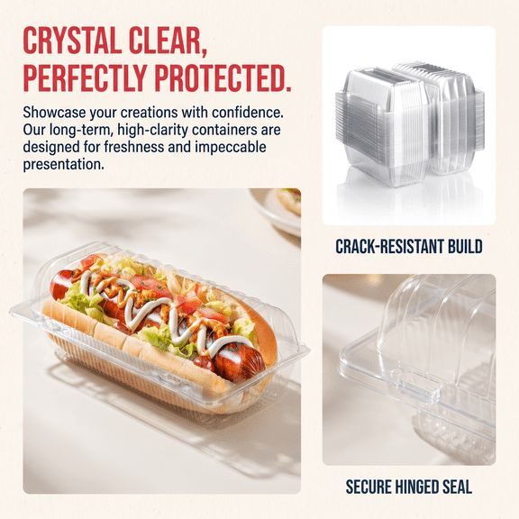 100 PACK Clear Plastic Hot Dog Tray with Hinged Lid 8.86" x 3.94" x 2.76" Hot Dog Container Disposable Clamshell Take out Containers Cake Slice Containers for Bakery Dessert Salad