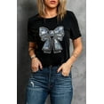 thumbnail image 6 of Women's Black Rhinestone Bowknot Crew Neck Graphic T-Shirt | [ZhiHiMeRi] | (US 20-22)2XL, 6 of 7