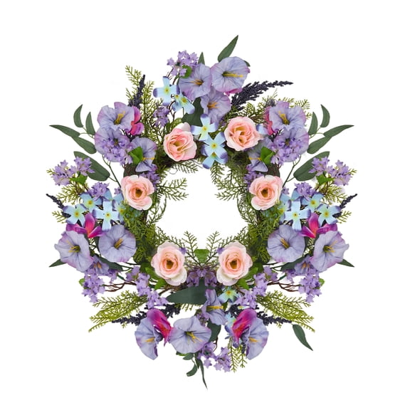 Spring Summer Wreath for Front Door 20 Inch Artificial Floral Wreath with Trumpet Rose Leaves for Door Wall Decoration Wedding Party Home Farmhouse Decoration